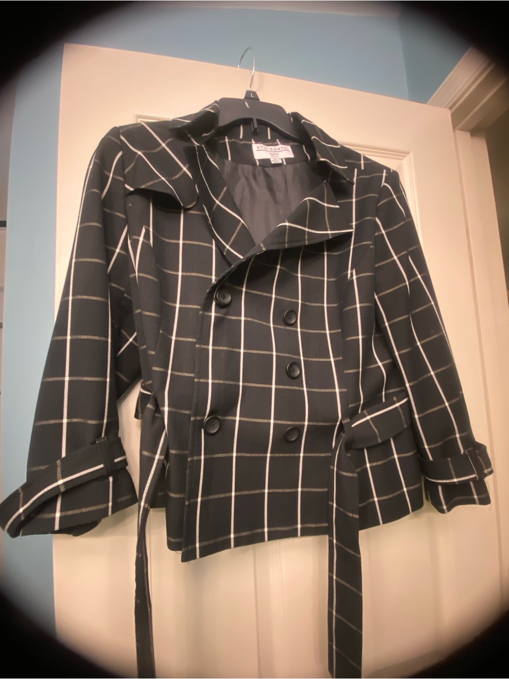 Sharagano Black Windowpane Plaid Double-Breasted Trench Coat